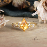 4 Prong Kite Cut 2 Carat Citrine Bridal Ring Nature Inspired Leaf Engagement Ring
